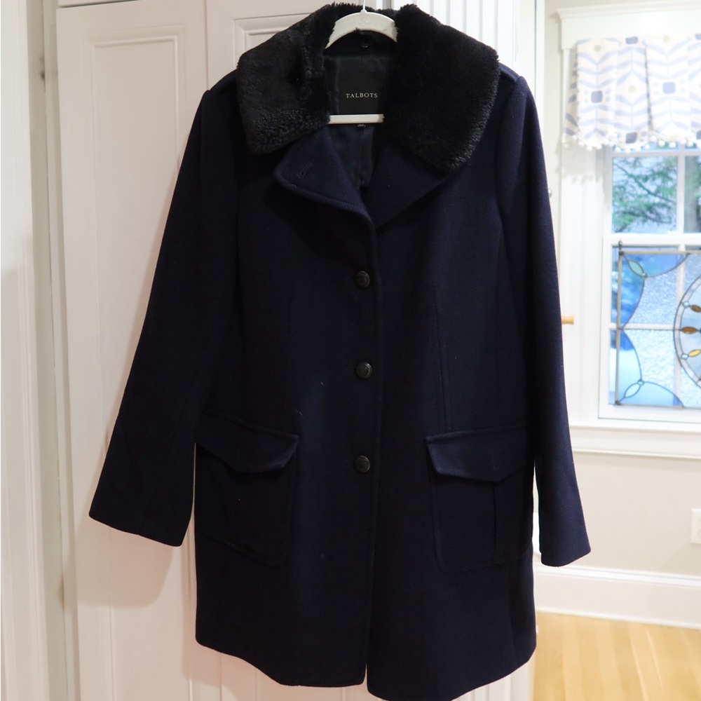 Talbots Women's Dark Blue Pea Coat with Black Collar